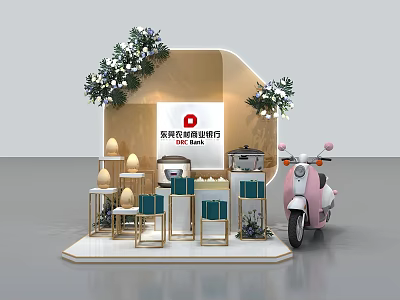 Modern Display Booth with Gift Boxes Pink Scooter and Greenery Decorations 3d model