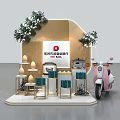 Modern Display Booth with Gift Boxes Pink Scooter and Greenery Decorations