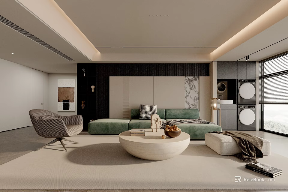 Modern Living Room Interior With Green Sofa Round Coffee Table And Area Rug 3d model 