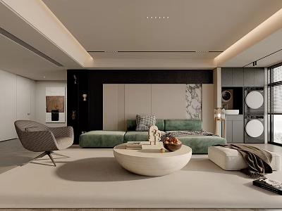 Modern Living Room Interior With Green Sofa Round Coffee Table And Area Rug 3d model