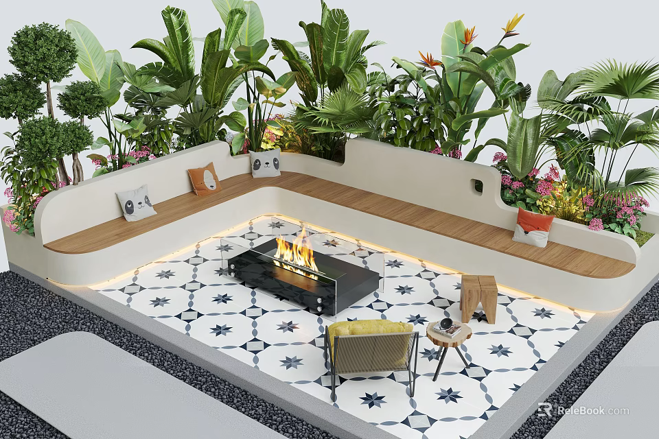 Lush Courtyard Garden Design With Central Fire Pit Decorative Tile Flooring And Cozy Seating Area 3d model 