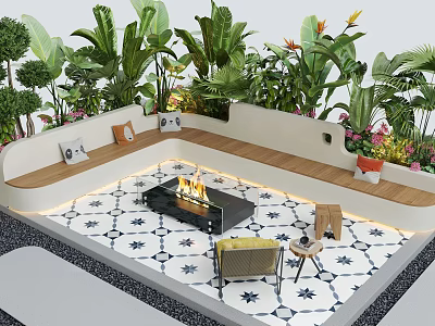 Lush Courtyard Garden Design With Central Fire Pit Decorative Tile Flooring And Cozy Seating Area 3d model