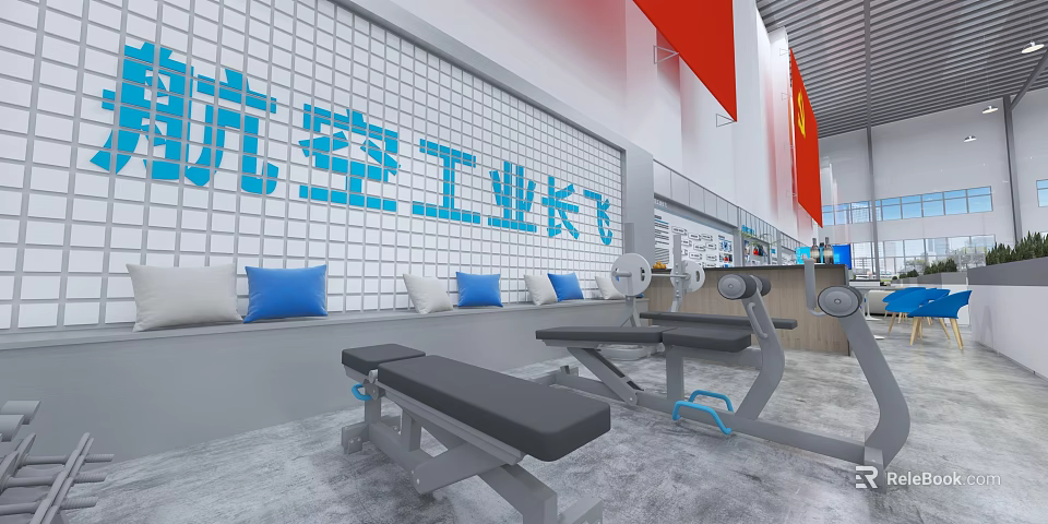 Modern Industrial Office Pantry With Comfortable Lounge Seats And Full Set Of Fitness Facilities 3d model 