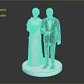 Newlywed Couple Standing In Wedding Gown And Suit With Bouquet On White Circular Base