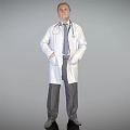 Man Wearing White Doctor Coat With Stethoscope Standing Against Gray Background