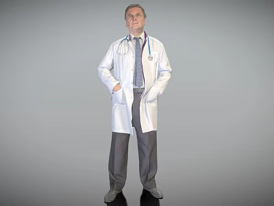 Man Wearing White Doctor Coat With Stethoscope Standing Against Gray Background 3d model