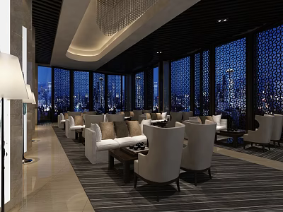 Modern Luxury Sales Office With Large Windows City Night View Sofas Chandeliers And Carpets 3d model