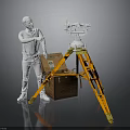 Man Standing By Surveying Instrument On Orange Tripod With Open Wooden Chest