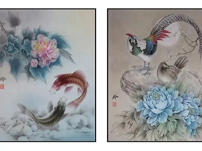 Traditional Chinese Paintings With Koi Fish Peony Flowers Rooster And Birds 3d model