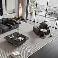 Modern Living Room Dark Sofa Coffee Table Set With Light Armchair And Striped Rug