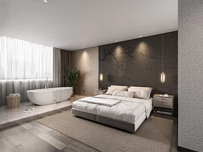 Hotel Guest Room with Modern Minimalist Design White Bed Sheets Bathtub and Potted Plant 3d model