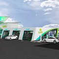 Modern Green Gas Station With Canopy Columns Green Floor And Vehicle Design