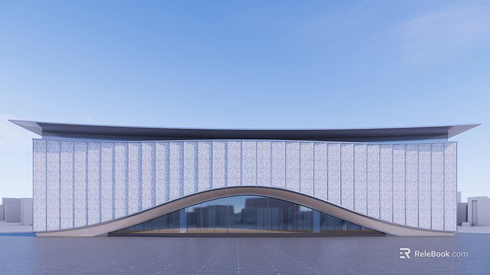 Modern Architectural Exterior With Curved Entrance White Textured Wall And Open Plaza 3d model 