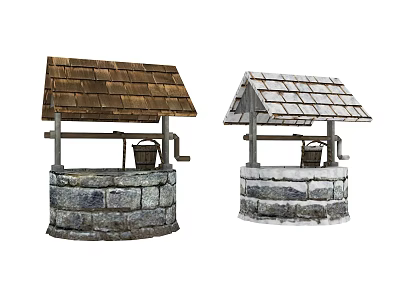 Two Traditional Water Wells With Brown And White Wooden Roofs Stone Bases And Buckets 3d model