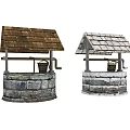 Two Traditional Water Wells With Brown And White Wooden Roofs Stone Bases And Buckets