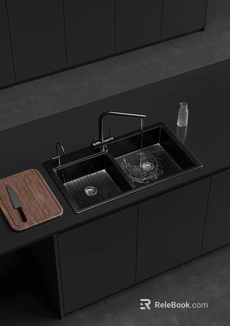 Modern Kitchen Sink On Black Countertop With Double Bowl Faucet Wooden Cutting Board And Knife 3d model 