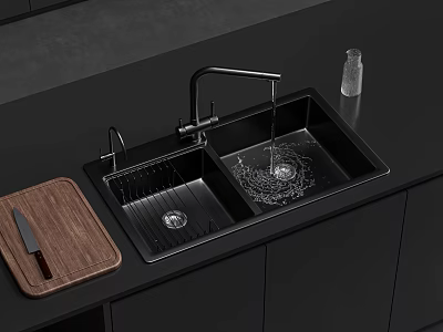 Modern Kitchen Sink On Black Countertop With Double Bowl Faucet Wooden Cutting Board And Knife 3d model