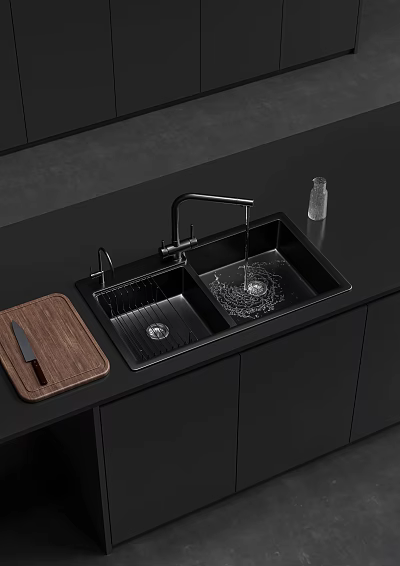Modern Kitchen Sink On Black Countertop With Double Bowl Faucet Wooden Cutting Board And Knife 3d model