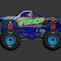 Colorful Monster Truck With Large Blue Tires And Detailed Green Body Design