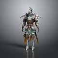 Game Movie Character Wearing Ornate Armor With Metallic Shoulder Wings Golden Blue Details Featherlike Tassels