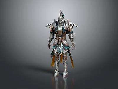 Game Movie Character Wearing Ornate Armor With Metallic Shoulder Wings Golden Blue Details Featherlike Tassels 3d model