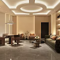 Elegant Hotel Mahjong Room Interior Design With Comfortable Sofas And Wooden Tables