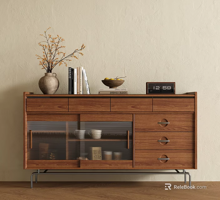 Walnut Wood Sideboard With Glass Doors Drawers Metal Legs And Decor Items 3d model 