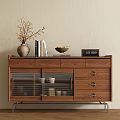 Walnut Wood Sideboard With Glass Doors Drawers Metal Legs And Decor Items