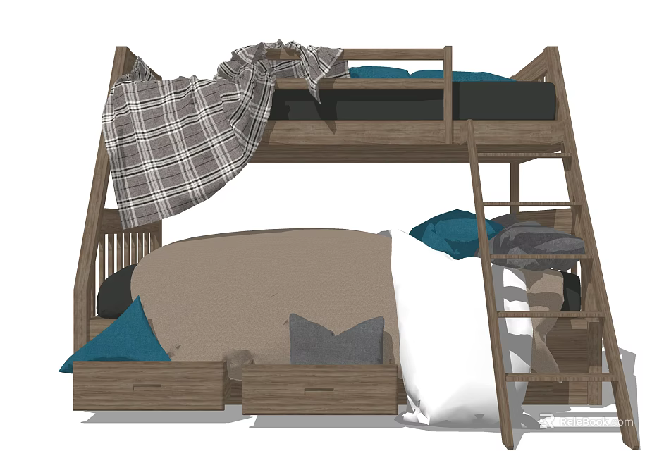 Wooden Bunk Bed with Ladder Plaid Blanket Blue Gray Pillows and Storage Drawers 3d model 