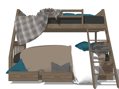 Wooden Bunk Bed with Ladder Plaid Blanket Blue Gray Pillows and Storage Drawers 3d model