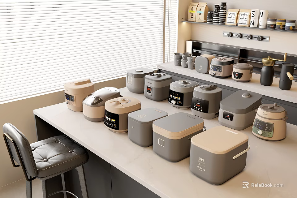 Modern Kitchen Counter Displaying Various Small Kitchen Appliances in Neutral Tones with Shelves 3d model 
