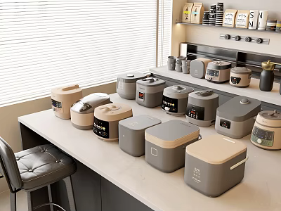Modern Kitchen Counter Displaying Various Small Kitchen Appliances in Neutral Tones with Shelves 3d model