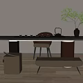 Modern Tea Table Set With Matching Chairs Stools And Tea Accessories On Wooden Floor