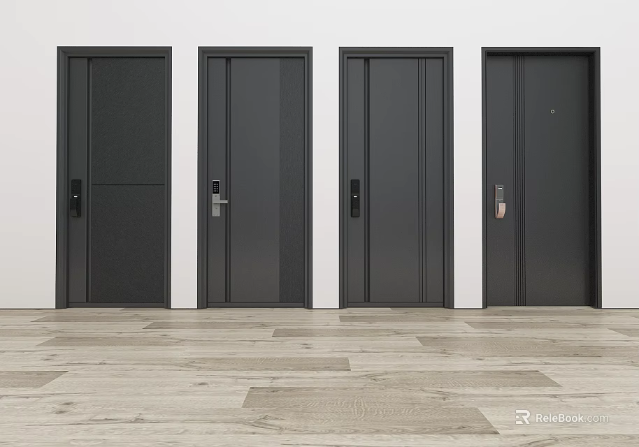 Four Black Modern Security Doors with Sleek Design in Indoor Interior Setting 3d model