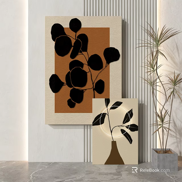Modern Wall Decor With Black Leaf Patterns Brown Vase And Green Plant 3d model
