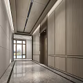 Modern Elevator Hallway Design With Marble Walls Ceiling Lighting And Decorative Art 3d model