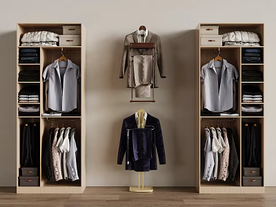 Organized Wardrobe Clothes With Hanging Shirts Suits Trousers And Folded Garments In Wooden Cabinets 3d model