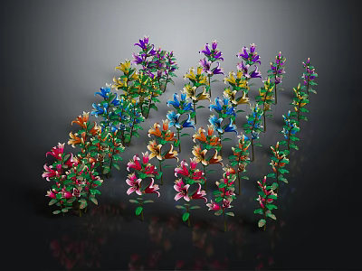 Vibrant Colorful Mixed Flower Plants Neatly Arranged With Reflections On Black Background 3d model