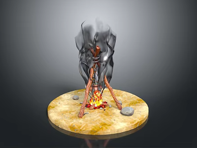 Campfire With Burning Wood Flames Smoke Stones On Circular Base 3d model