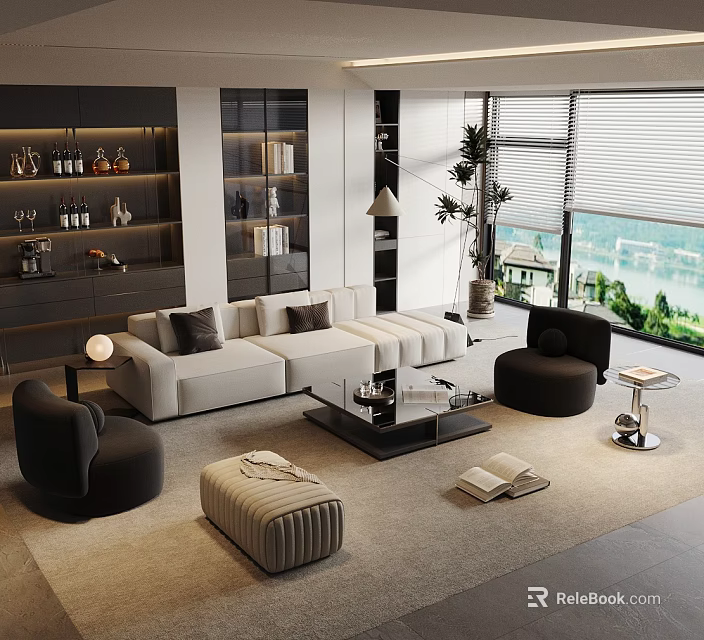 Contemporary Living Room With White L Shaped Sofa Black Armchairs Beige Rug And Bookshelf View 3d model 