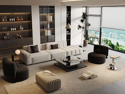 Contemporary Living Room With White L Shaped Sofa Black Armchairs Beige Rug And Bookshelf View 3d model
