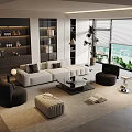 Contemporary Living Room With White L Shaped Sofa Black Armchairs Beige Rug And Bookshelf View