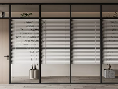 Modern Interior Featuring Glass Hinged Doors Black Frames Blinds Plants And Concrete Pots 3d model