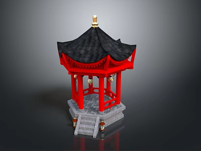 Traditional Chinese Pavilion With Red Structure Black Roof Golden Decoration And Stone Base 3d model