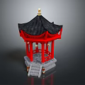 Traditional Chinese Pavilion With Red Structure Black Roof Golden Decoration And Stone Base