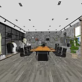 Public Office Space With Open Layout Tables Chairs Wall Display Shelves And Lighting Fixtures