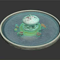 Delicious Meringue Dessert with Red Sprinkles on Blue Plate Fresh Berries and Green Sauce
