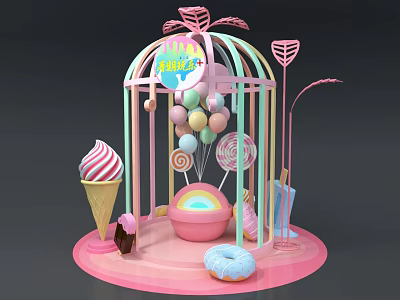 Sweet Treats Display With Pink Cage Shaped Structure Featuring Ice Cream Lollipop Donut Rainbow Balloons 3d model