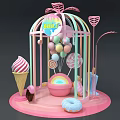 Sweet Treats Display With Pink Cage Shaped Structure Featuring Ice Cream Lollipop Donut Rainbow Balloons