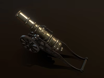 Vintage Brass Cannon With Decorative Details And Wheeled Base As Historical Weapon 3d model